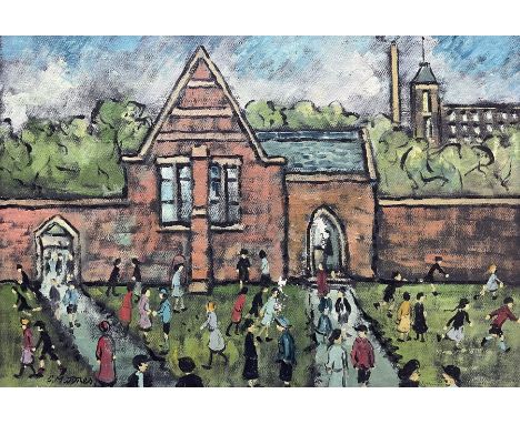Charles M Jones (British 1923-2008): Schoolyard Games, oil on canvas signed 30cm x 42cm 