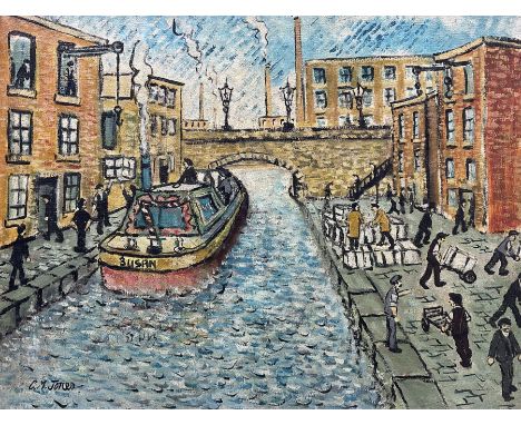 Charles M Jones (British 1923-2008): Barge 'Susan' Heading Down the Canal, oil on canvas signed 34cm x 44cm 