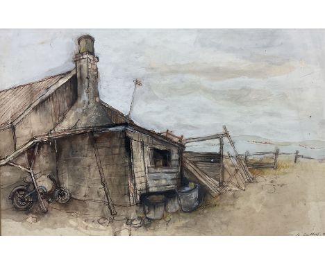 K Cuthall (British 20th Century): Barn, watercolour and gouache signed and dated '80, 36cm x 56cm 