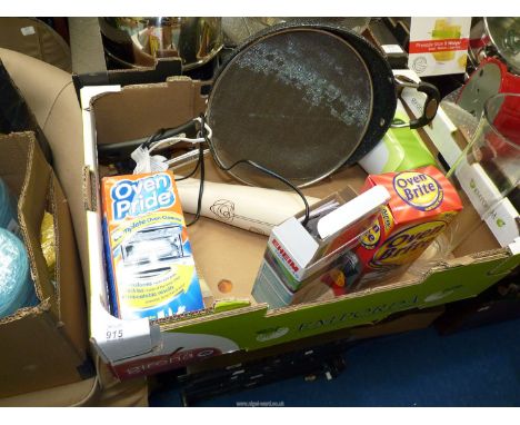 Three boxes of Kitchenalia to include: a steamer, a wok, oven cleaner, mugs, etc.