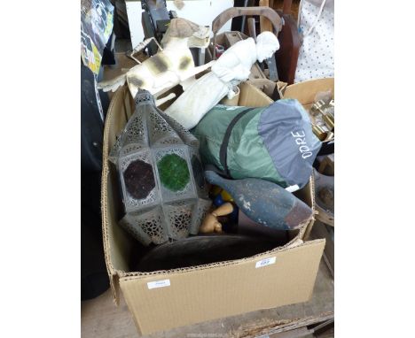 A box of miscellaneous, garden ornaments, tent, treen etc.