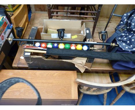 A Pool table ceiling light fixture, snooker cue, etc.