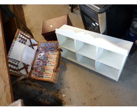 A Pigeon hole unit, jewellery box and a picnic hamper.