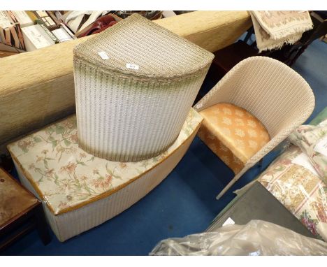 A Lloyd Loom linen basket, Ottoman and a bedroom chair.