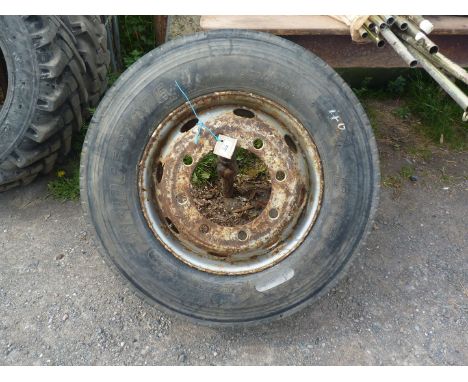 A lorry wheel with Bridgestone tyre.