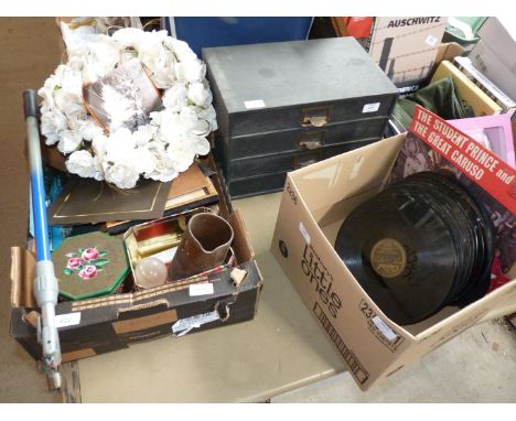 A box of miscellaneous to include: floral wreath, old tins, a box of gramophone records and a filing unit.