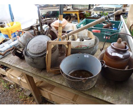 A quantity of Vintage items, cast iron cooking pots, butter churn, bed warming pan, etc.