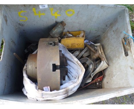 A box of lathe tools, Record pipe clamp, metal lathe chuck, etc.
