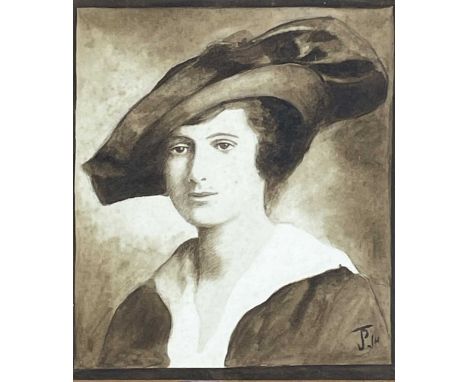 An Edwardian Portrait Woman in a wide-brimmed hat watercolour
Initialled
Framer's label to the verso
15cm x 12.5cm
Postage fo