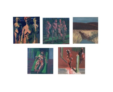Four abstract figural studies One titled Fleeting Figures and initialled Oil on board
Together with one other landscape view
