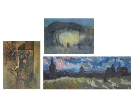 Ivan Zadok BRAY (1967) Figure walking at night  Oil on board
Attributed to the verso
25.5cm x 66cm
Together with two other un