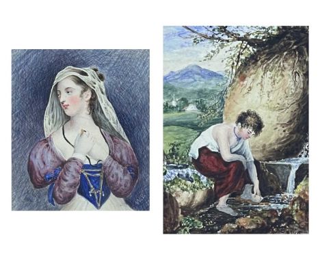 Two 19th Century watercolours miniatures Helen
Portrait initialled W. B
11cm x 9cm
Together with a watercolour of a youth was