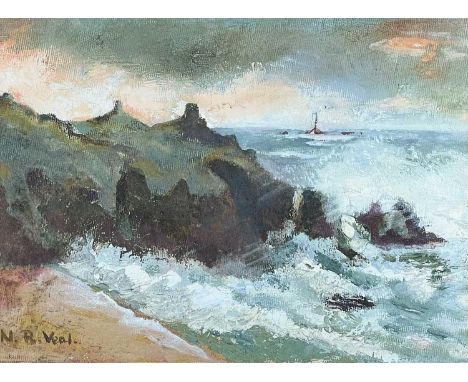 N. R. VEAL Cornish Cliffs with Lighthouse yonder Oil on board
Signed
18cm x 24cm
Postage for this lot is available to the UK 
