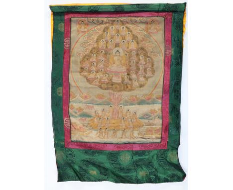 Thankgka mit Bodi Baum: u. Buddhaversammlung. Vielfigüriges Thangka. Baum im Regenbogenkreis. Tibet 19.Jh. Brokat eingefasst.