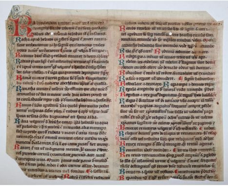 Vokabular.: Blattfragment aus einem Vokabularium. Lateinische Handschrift auf Pergament, 15. Jh. Blgr. 16,2 x 20,5 cm. 2 Spal