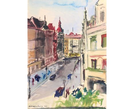 Unbekannte Künstler: (20. Jh.). Stadtansicht - Burgruine - Pferd mit Wagen am Wasser. 3 Aquarelle. Ca. 19 x 26,5 cm - 41,5 x 