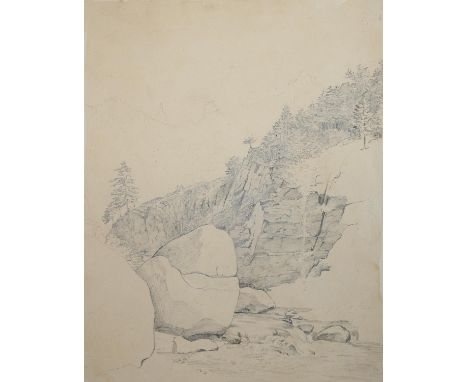 Loos, Friedrich: (1797 Graz - Kiel 1890) zugeschrieben. Felsige Landschaft mit Gebirgsbach. Lavierte Bleistiftzeichnung. Blgr