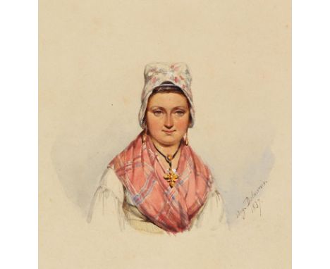 Delacroix, Auguste: (1809 Boulogne-sur-Mer 1868). Portrait einer Frau mit weißer Haube, roséfarbenem Schal u. großer Kreuz-Ke