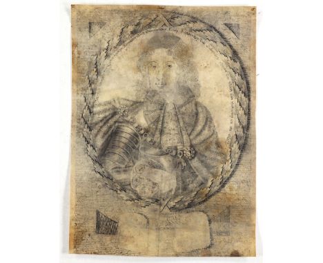Joseph I.: Portrait des Kaisers in jungen Jahren als Halbfigur, den Körper im Dreiviertelprofil. Tuschfederzeichnung auf Perg