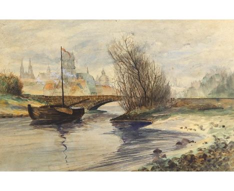Wolf, Joseph: (1820 Mörz in Münstermaifeld - London 1899), zugeschrieben. Flusslandschaft mit Brücke. Aquarell auf Papier. Ca