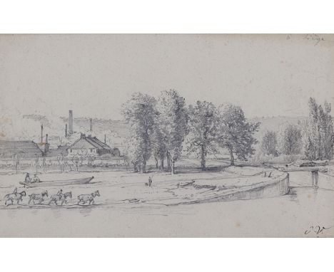 Lüttich.: A Liège. Landschaft mit Reiter, Pferden, Boot u. Häusern mit hohen Schornsteinen. ╔Bleistiftzeichnung von Monogramm