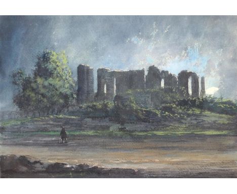 Ruine: Dina Bran Castle bei Llangollen. Aquarell 19. Jhdt. Ca. 32 x 47,5 cm. Verso mit Tusche bezeichnet. Unter Passep. mont.