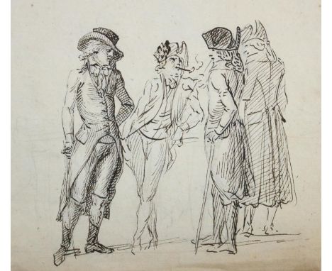 Dandy.: 4 englische Dandys in Unterhaltung. Anonyme Tuschfederzeichnung auf Papier mit WZ-Fragment Pro Patria, um 1800. Blgr.
