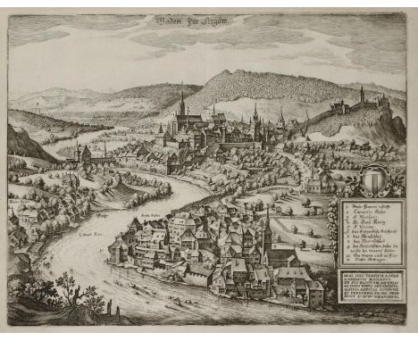 Baden.: Baden im Argöw. Gesamtansicht aus der halben Vogelschau über die Limat. Kupferstich von M.Merian, 1638. 35 x 27 cm. -