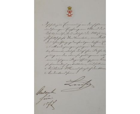 Luise, Großherzogin von Baden: (1838-1923). Hs. Brief (diktiert), mit eh. Unterschrift u. Datum Karlsruhe, Juni 187(2 ?). 8°.