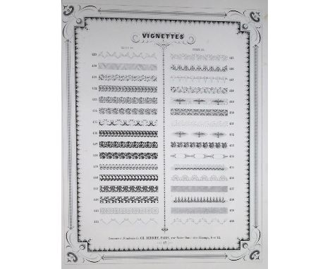 Derriey,C.: Gravure et fonderie. Spécimen-Album. Paris, Derriey 1862. Fol. Mit 182 tls. farb. Tafeln. 2 Bl. (Preisliste u. Ta