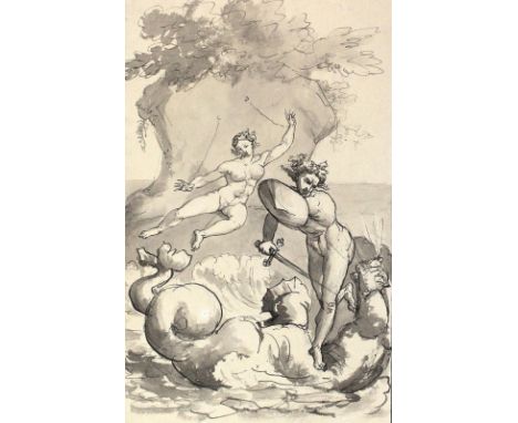 Mythologie: Perseus und Andromeda. Hell lavierte Tuschezeichnung. 18./19.Jhdt. Ca. 23,5 x 14,5 cm. Verso mit Sammlungsstempel