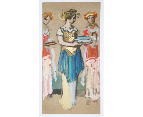 Mode.: Drei Frauen in antiken Gewändern. Anonyme Gouache in Farben und Gold auf graubraunem Kart. 28,4 x 14,5 cm.   R