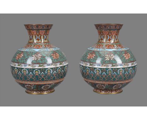 A Pair of Japanese Cloisonné Enamel Vases, each of spherical form with three concave bands encircling it, resting on a short,