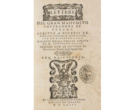 Laudivius Zacchia. Lettere del Gran Mahumeto, Imperadore de Turchi..., collation: A-M8, title with woodcut device and head-pi