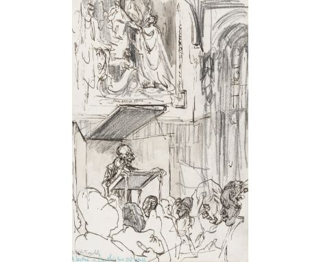 δ Topolski (Feliks, 1907-1989), A lecture in Lincoln's Inn Old Hall, black conté crayon, monochrome  wash, signed lower left,