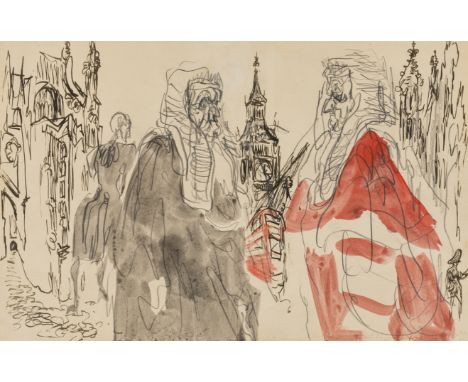 δ Topolski (Feliks, 1907-1989), Outside Westminster Hall: the reopening of the Law Courts, black conté crayon, pen and brown 