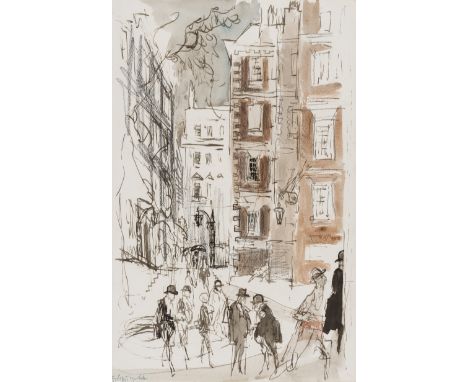 δ Topolski (Feliks, 1907-1989), Fountain Court, Middle Temple, conté crayon, pen and black ink, brown ink, watercolour, signe
