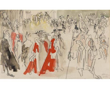 δ Topolski (Feliks, 1907-1989), The Lord Mayor departs from the Law Courts, black conté crayon, coloured crayon, wash, waterc