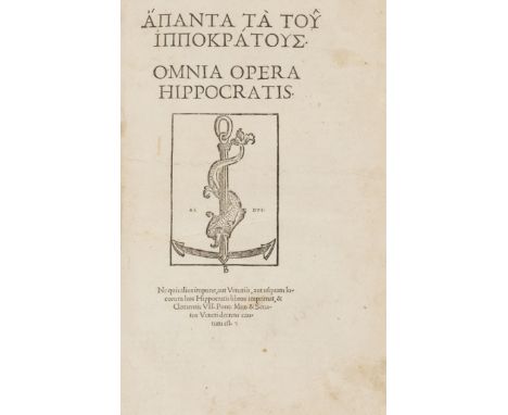 Hippocrates. Omnia Opera Hippocratis [graece], edited by Gianfrancesco Torresani, collation: *6 A-Z, AA-EE8 FF10, title in Gr