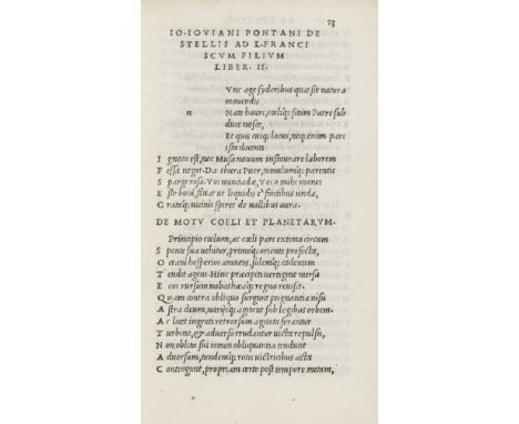 Pontanus (Johannes Jovianus), Opera, collation: a-z aa-ii8, italic and some Roman type, woodcut printer's device to title and