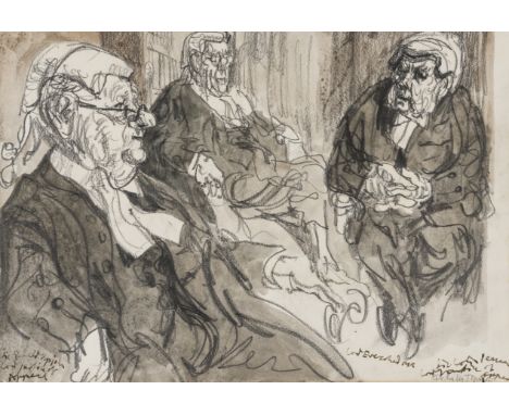 δ Topolski (Feliks, 1907-1989), Judge Raymond Evershed, 1st Baron Evershed, in conversation with two other Judges, black cont