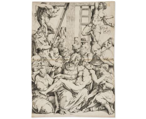 Vico (Enea, 1523-1567) The Deposition, after Giorgio Vasari, engraving, circa 1540s, a good impression, on laid paper with wa