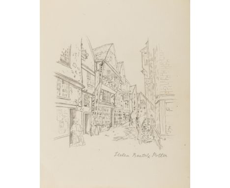 Potter (Beatrix) A pencil drawing of a Victorian street scene, graphite on faintly lined paper, signed "Helen Beatrix Potter"