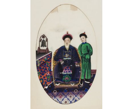 Anglo-Chinese School (circa 1850-1880) Four Imperial portraits, each sat upon a throne, and portrayed with an attendant, goua