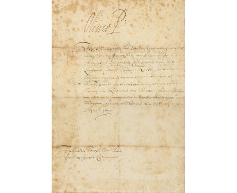 Cromwell (Oliver, Lord Protector of England, Scotland, and Ireland, 1599-1658) Warrant to the Treasurer, Gualter Frost to pay