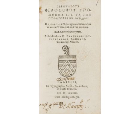 Hierocles, Alexandrinus. Commentarius in aurea Pythagoreorum carmina [Graece]; bound with, Aurea Pythagoreorum Carmina, toget