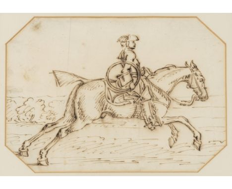 Seymour (James, 1702-1752) A postilion on horseback carrying a coiled post horn, pen and brown ink, on laid paper with waterm