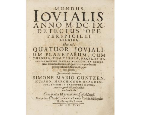 Astronomy.- Marius (Simon) Mundus Iovialis Anno M. DC.IX detectus Operspicilli Belgici, woodcut arms within typographic borde