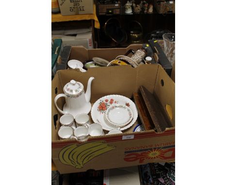 TWO TRAYS OF CERAMICS TO INCLUDE A RETRO LAMP, AND A PARAGON COFFEE SET