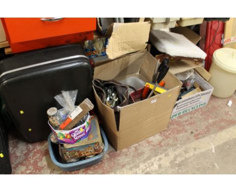 A LARGE QUANTITY OF HOUSEHOLD ITEMS AND TOOLS TO INCLUDE HAMMER, SPANNER, SUITCASE ETC.